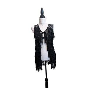 Boho Crochet Fringe Vest Black S-M